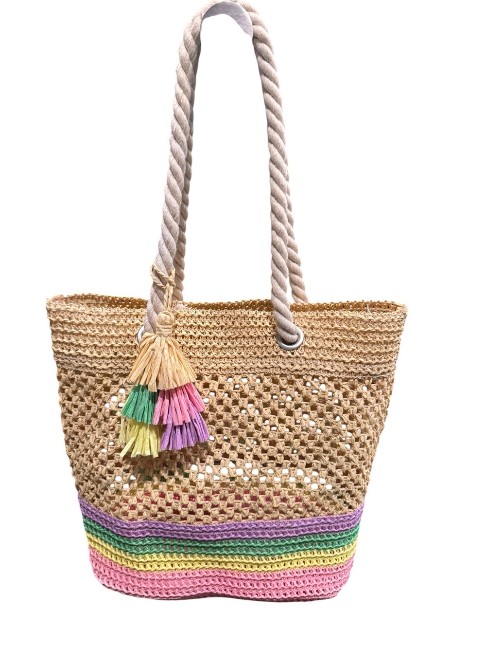 Straw Crochet Tote Bag with Pastel Accent Tassels - Natural
